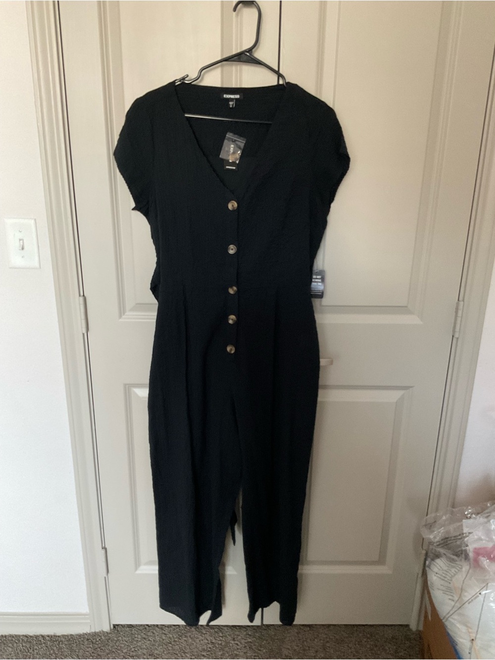 Express Black Short-Sleeve Button-Front Jumpsuit